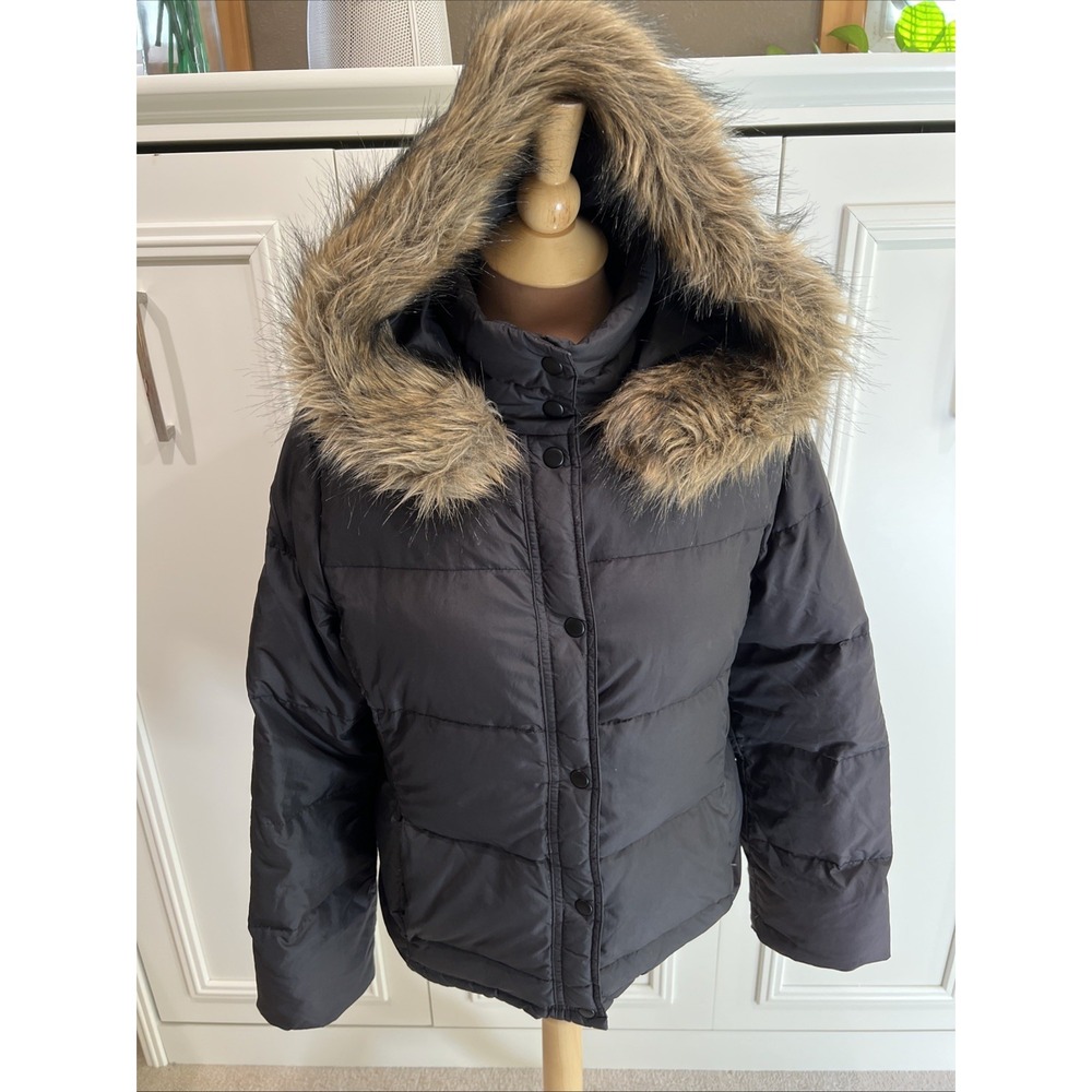 J Crew Black Quilted Down Puffer Coat Removable Faux Fur Hood Y2K Outdoor Winter